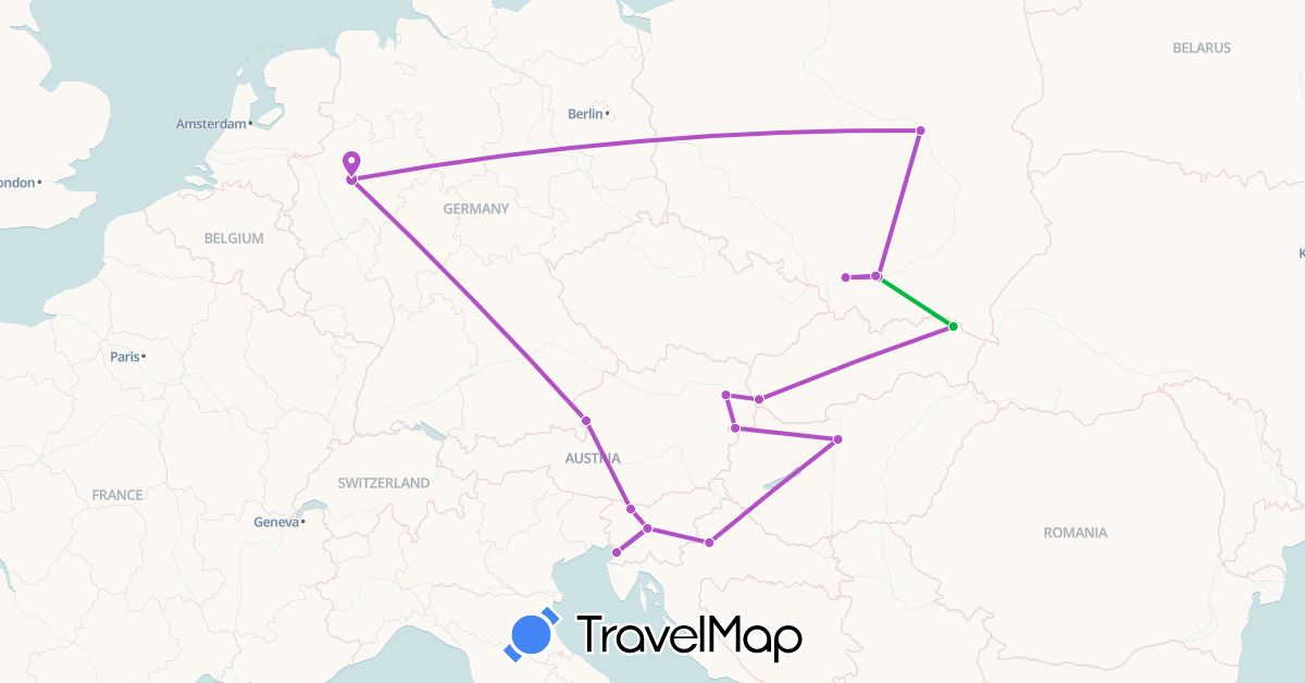 TravelMap itinerary: driving, bus, train in Austria, Germany, Croatia, Hungary, Italy, Poland, Slovenia, Slovakia (Europe)